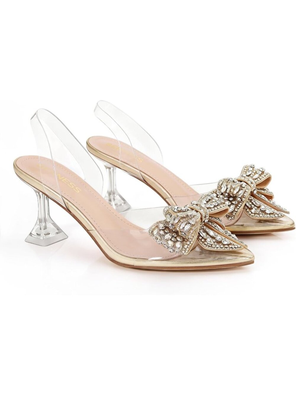 Women's Gold Crystal Bow Clear Slingback Pointed Closed Toe Comfortable Heels - Picture 5 of 5